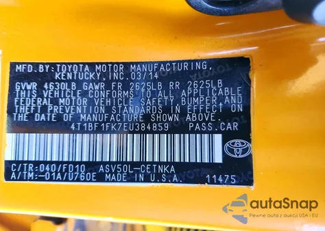 2014 Toyota Camry L from USA, damaged, VIN 4T1BF1FK7EU384859